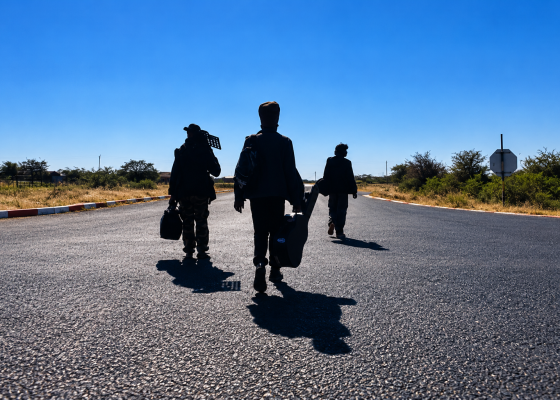 Musicians walking with instrument cases along a Maun road