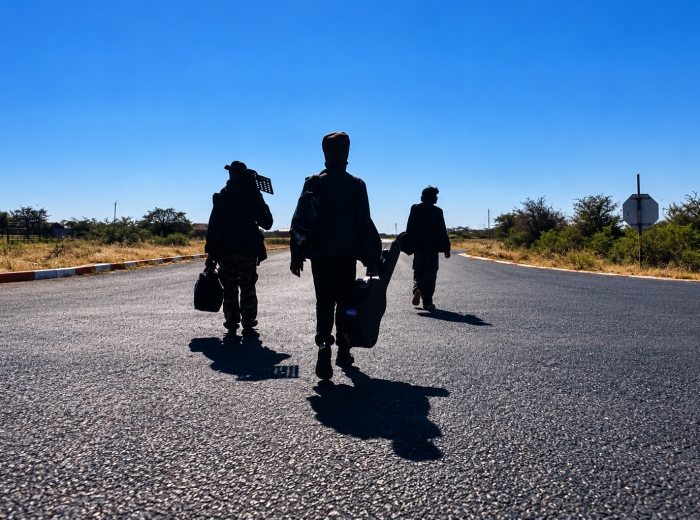 Musicians walking with instrument cases along a Maun road